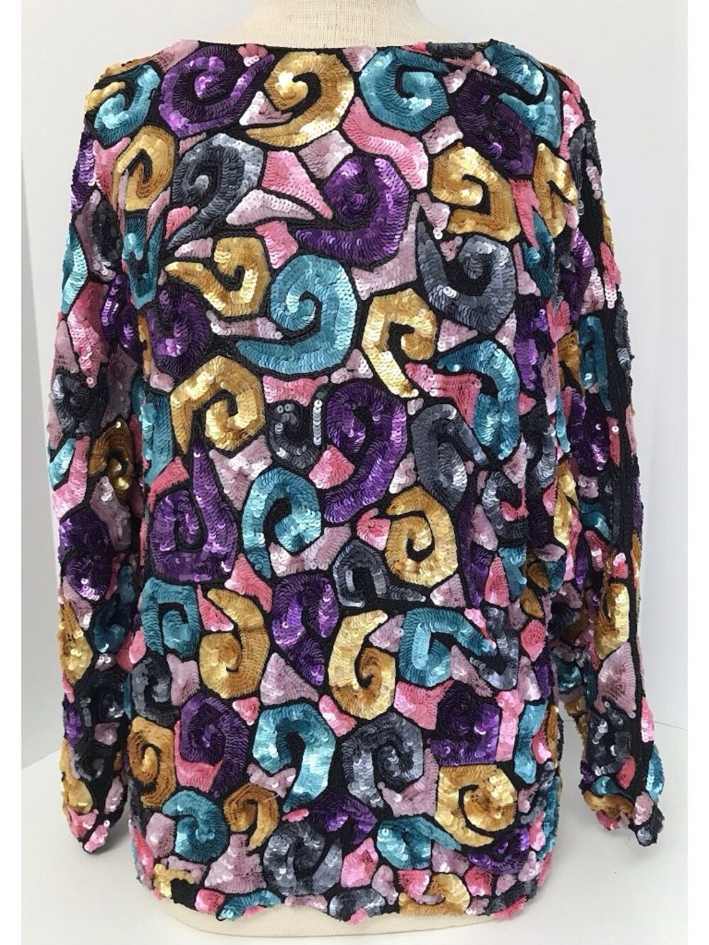 Vtg Saks Fifth Ave Sequin Top All Over Psychedelic Silk Heavy Swirl Teal Pink S